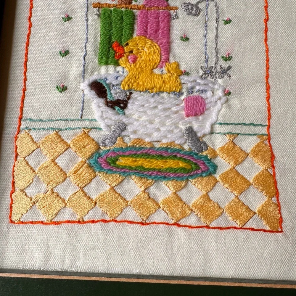 80s Hand Embroidered Framed Rubber Ducky Wall Art Unisex‎ 9x11 Yellow Nursery